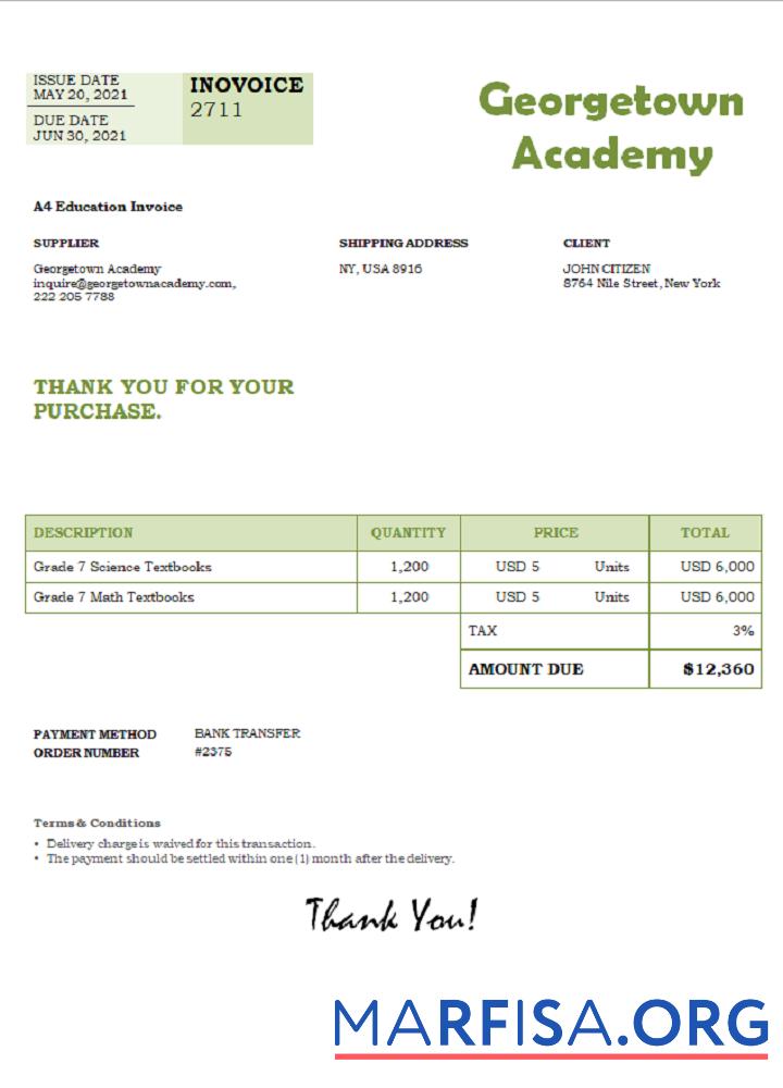 Printable USA Georgetown Academy invoice real example